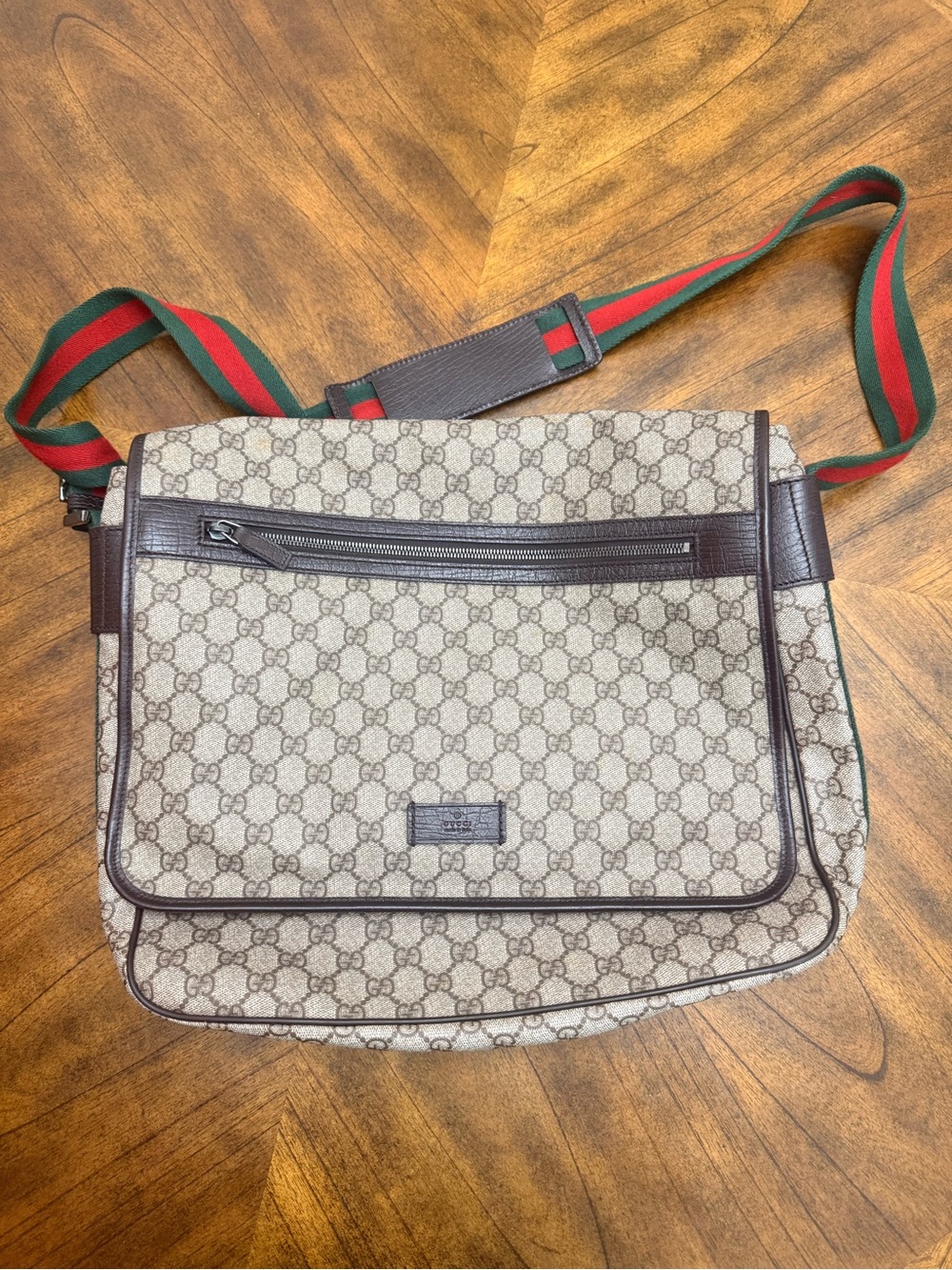 Gucci Beige GG Canvas Messenger with Brown Trim and Green-Red Web Strap